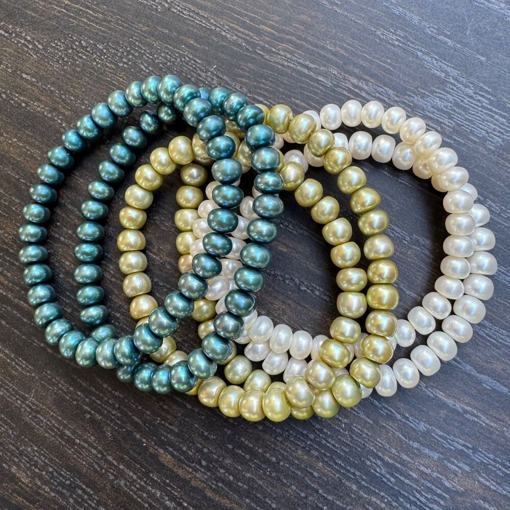 Honora Pearl Stretch Bracelets Set Of 6 Blue Green White Cool Tones Vintage